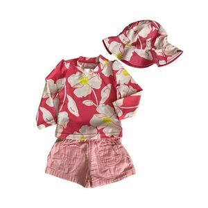 Garanimals Pink Shorts, Simple Joys Floral Long Sleeve Top & Hat Size 6-9M